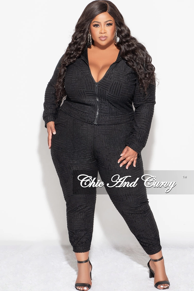 Comfy Ease Final Sale Plus Size 2pc Velvet Hooded Zip-Up Jacket and Pants Set in Black