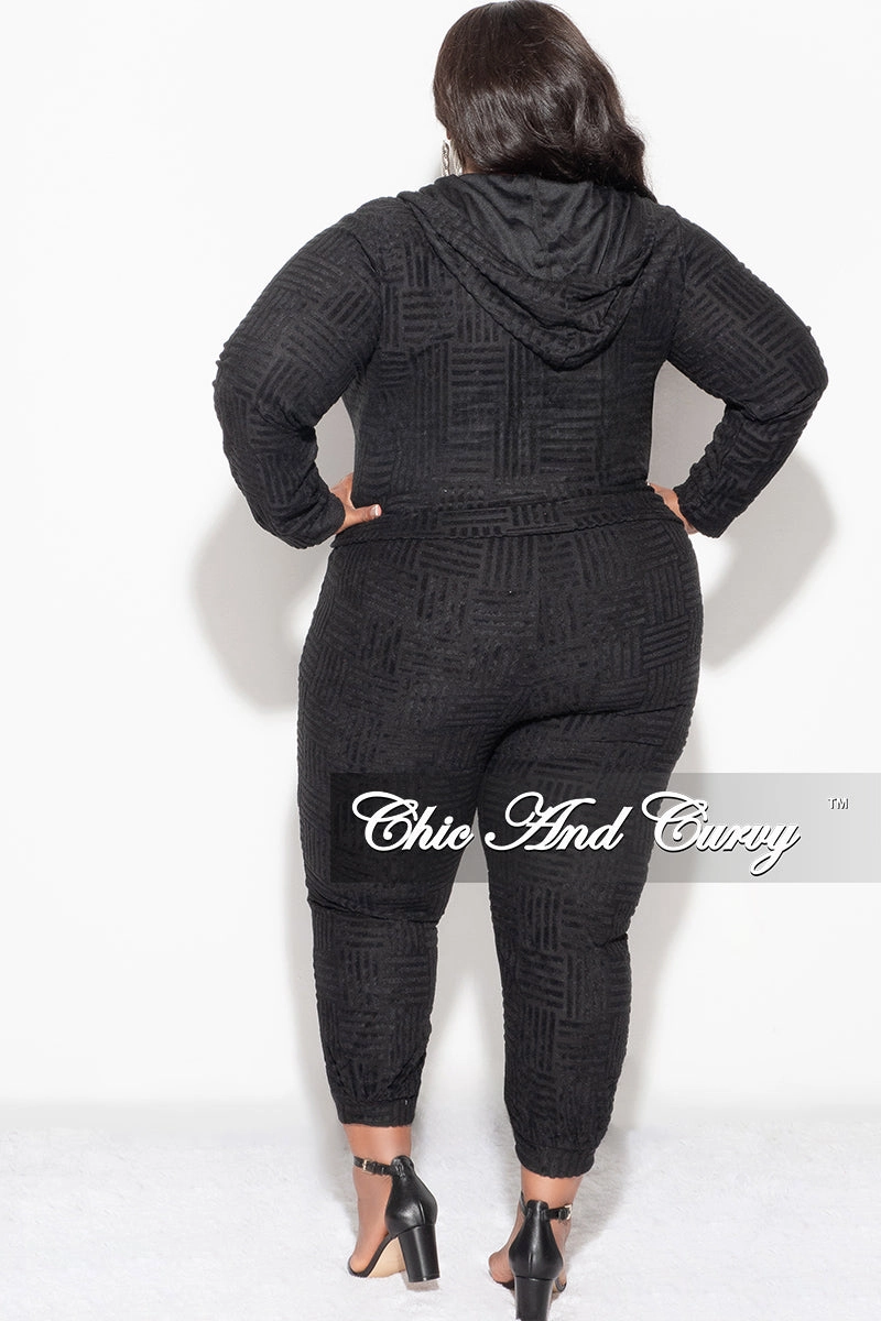 Final Sale Plus Size 2pc Velvet Hooded Zip-Up Jacket and Pants Set in Black Anti Snag Fabric