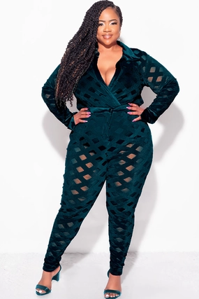 Final Sale Plus Size 2Pc Velvet Pants & Long Sleeve Bodysuit in Dark Green Flex Wear