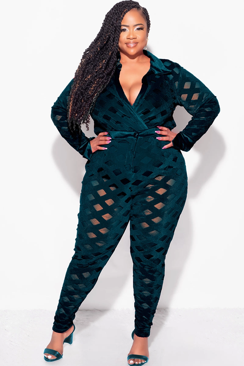 Final Sale Plus Size 2Pc Velvet Pants & Long Sleeve Bodysuit in Dark Green Flex Wear