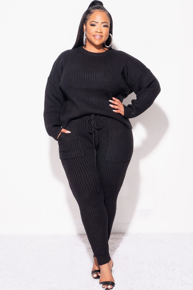Anti Pilling Textile Final Sale Plus Size 2pc Warm & Cozy Sweater Knit Pants Set in Black