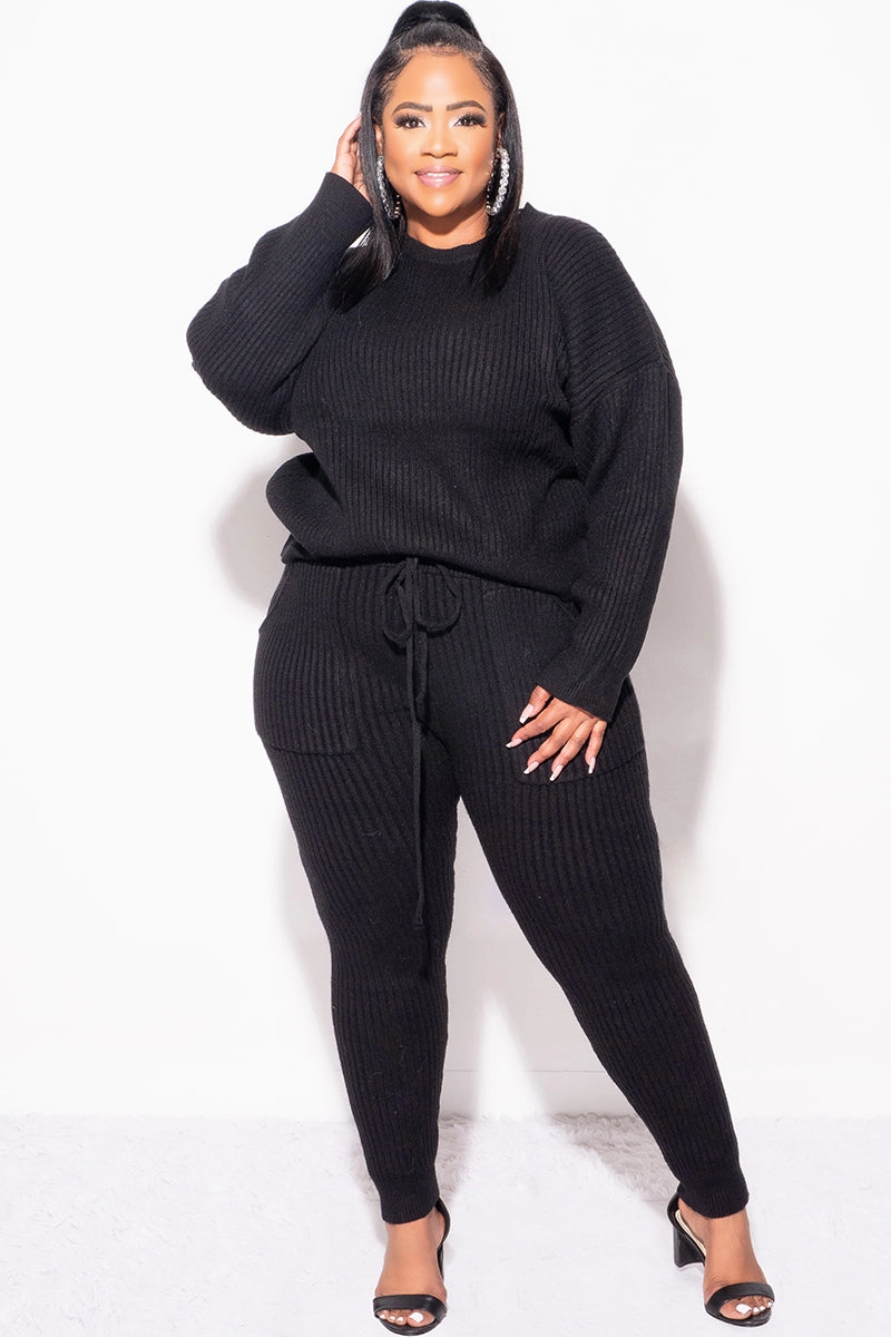 Sleek Fit Essential Layer Final Sale Plus Size 2pc Warm & Cozy Sweater Knit Pants Set in Black