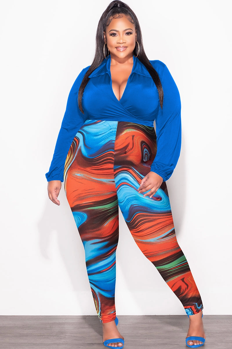 Final Sale Plus Size 2pc Wrap Top and Pants Set in Royal Blue Multi Color Flexible Gusset UVProtectionCoating
