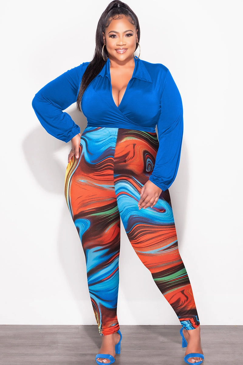 Final Sale Plus Size 2pc Wrap Top and Pants Set in Royal Blue Multi Color Chilly Day Ready