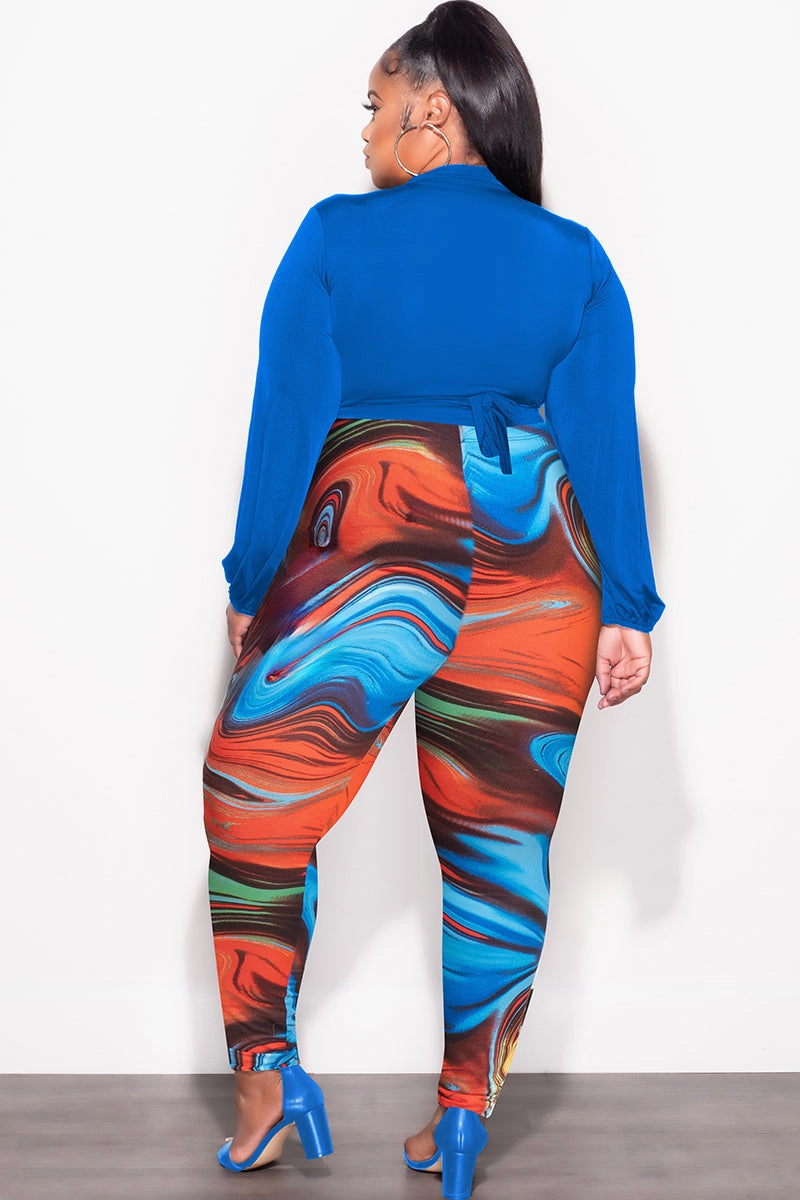 Supportive Fit QuickReleaseFastenings Final Sale Plus Size 2pc Wrap Top and Pants Set in Royal Blue Multi Color