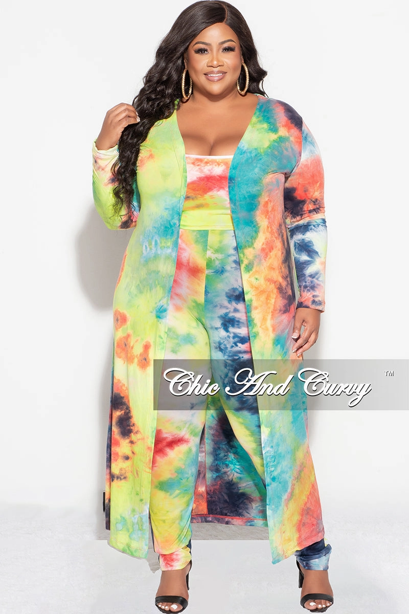 Final Sale Plus Size 3-pc (Duster, Crop Tank Top & Pants) Set in Dark Firework Tie Dye Elastic Free Cuffs Casual Vibe