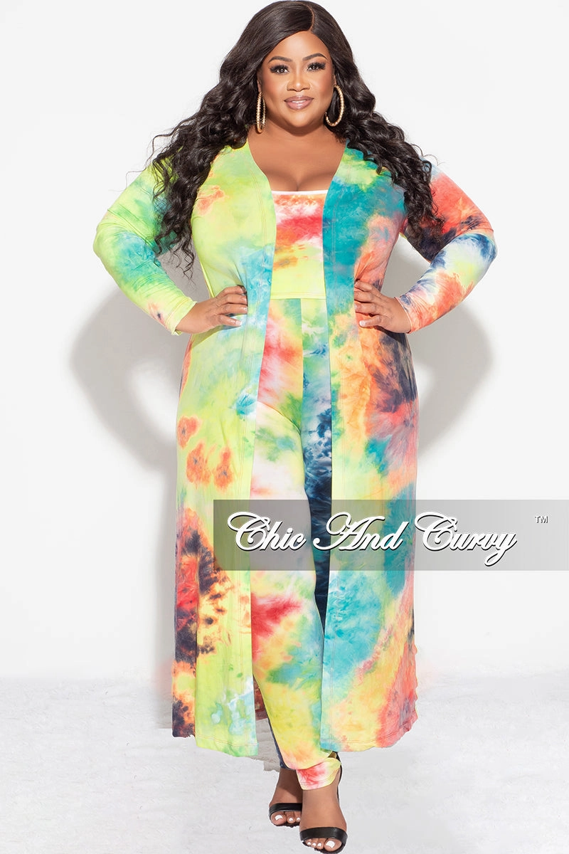 Soft Feel Final Sale Plus Size 3-pc (Duster, Crop Tank Top & Pants) Set in Dark Firework Tie Dye