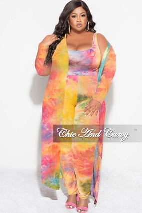 Final Sale Plus Size 3-pc (Duster, Crop Tank Top & Pants) Set in Rainbow Sherbet Tie Dye Multipurpose Design Form Fit Comfort