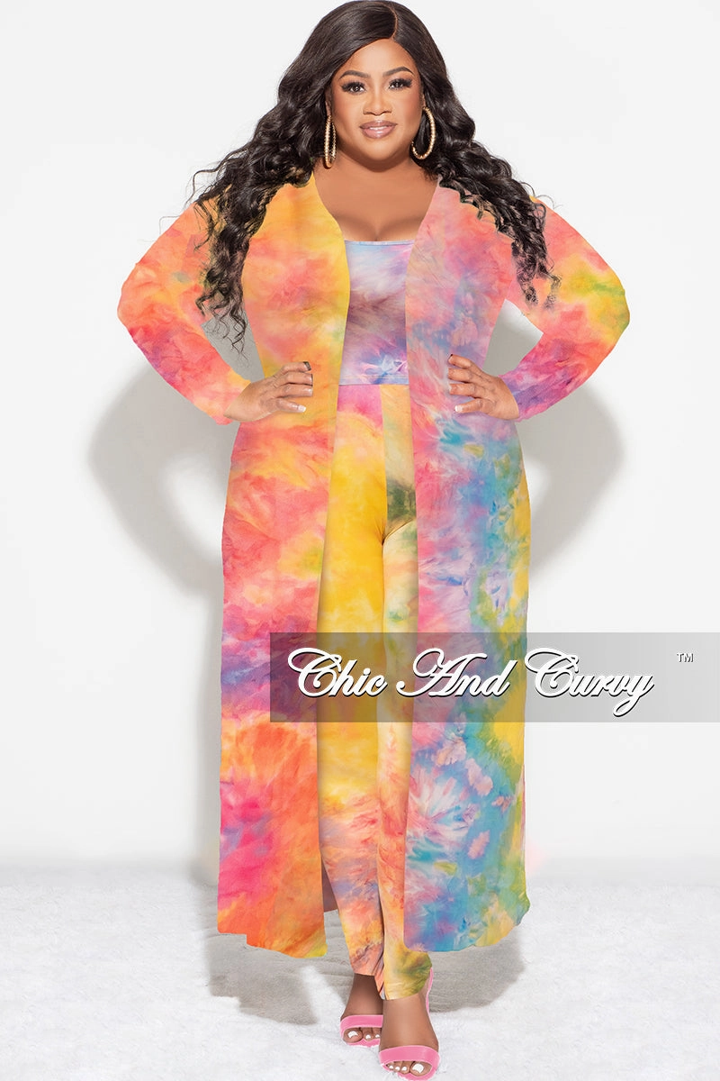 Final Sale Plus Size 3-pc (Duster, Crop Tank Top & Pants) Set in Rainbow Sherbet Tie Dye Formal Look Lightweight Fit
