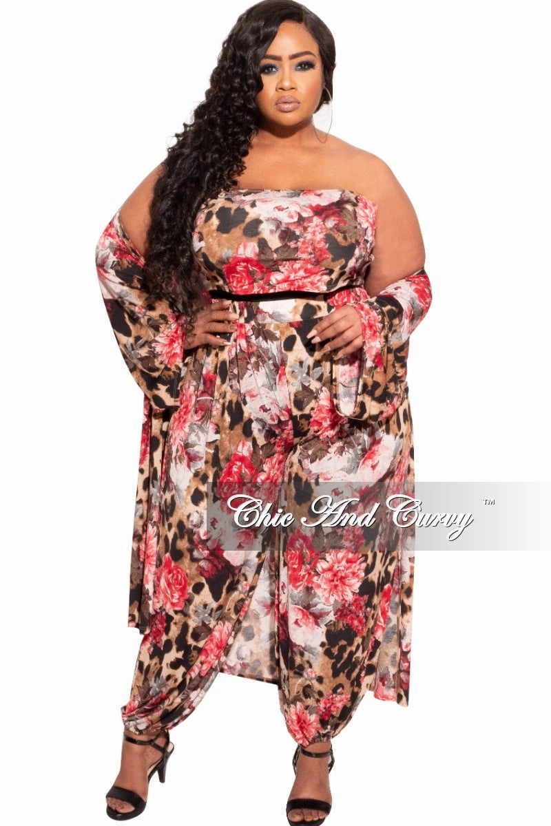 WrinkleFreeFabric Final Sale Plus Size 3-Piece (Duster, Bandeau Top and Pants) Set in Animal Print with Pink Flowers