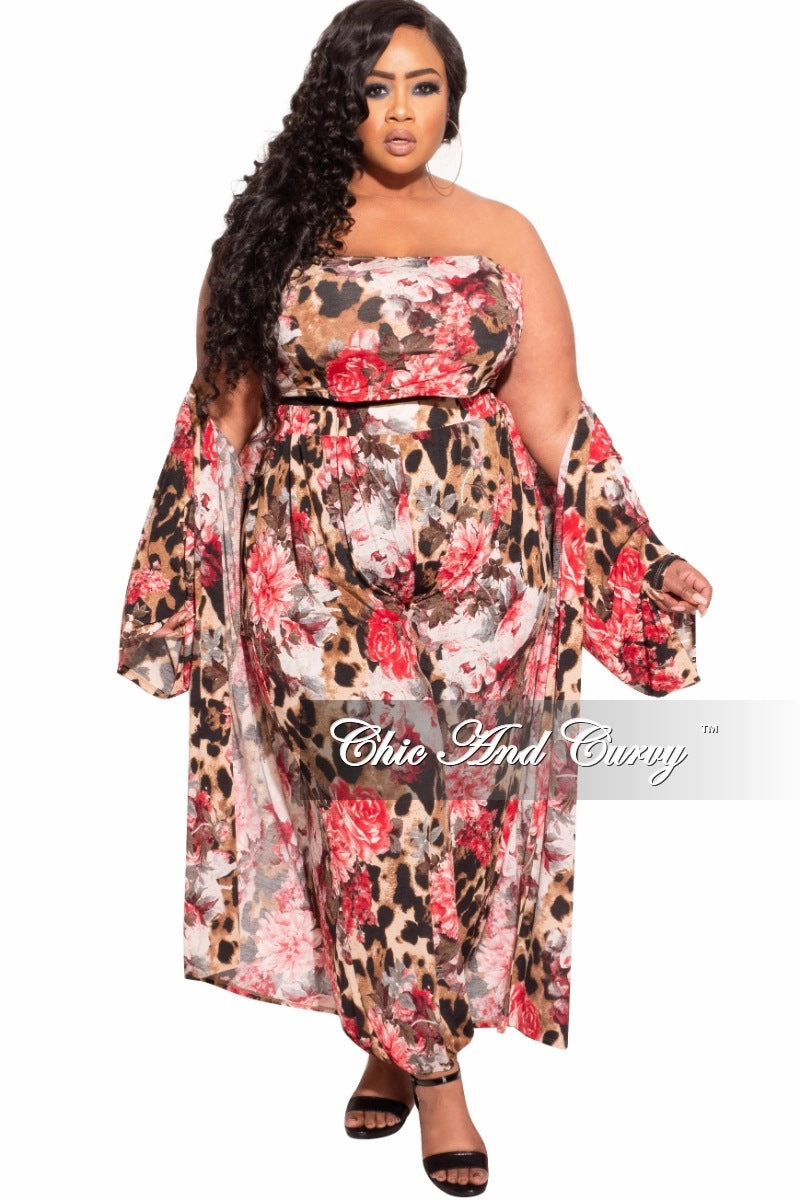 SeamlessPocketDesign Smooth Texture Final Sale Plus Size 3-Piece (Duster, Bandeau Top and Pants) Set in Animal Print with Pink Flowers