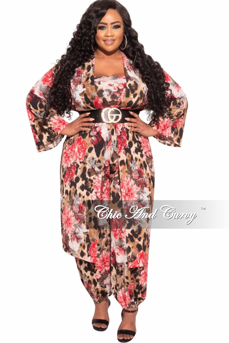 Final Sale Plus Size 3-Piece (Duster, Bandeau Top and Pants) Set in Animal Print with Pink Flowers Weekend Style Stain Repellent Coating