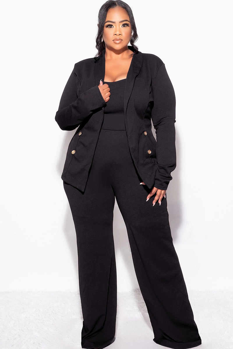 Decorative stitching Final Sale Plus Size 3pc Blazer Top and Pants Set in Black