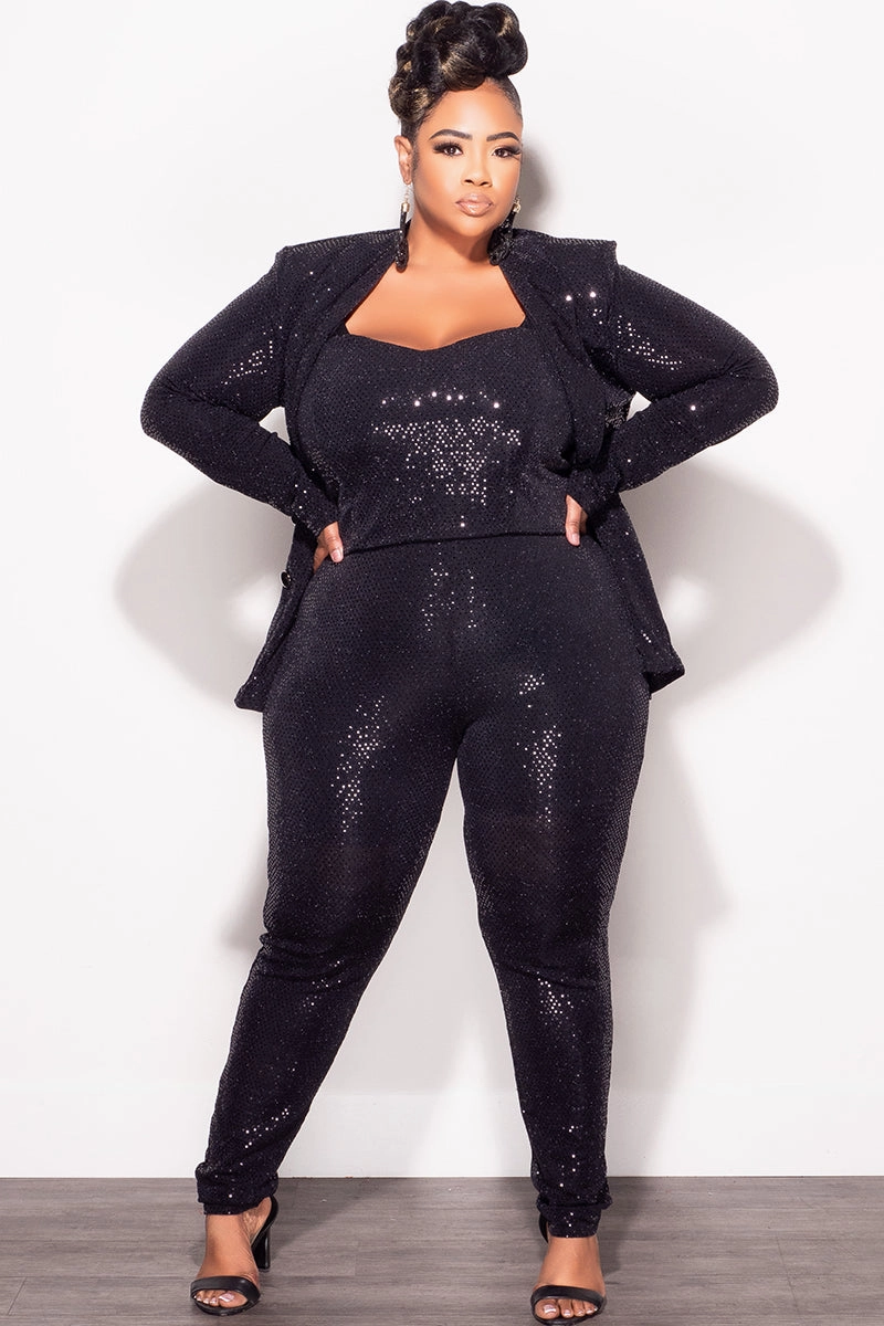 Final Sale Plus Size 3pc Confetti Dot Knit Sequin Pant Set in Black (Tapered Leg) Warm design