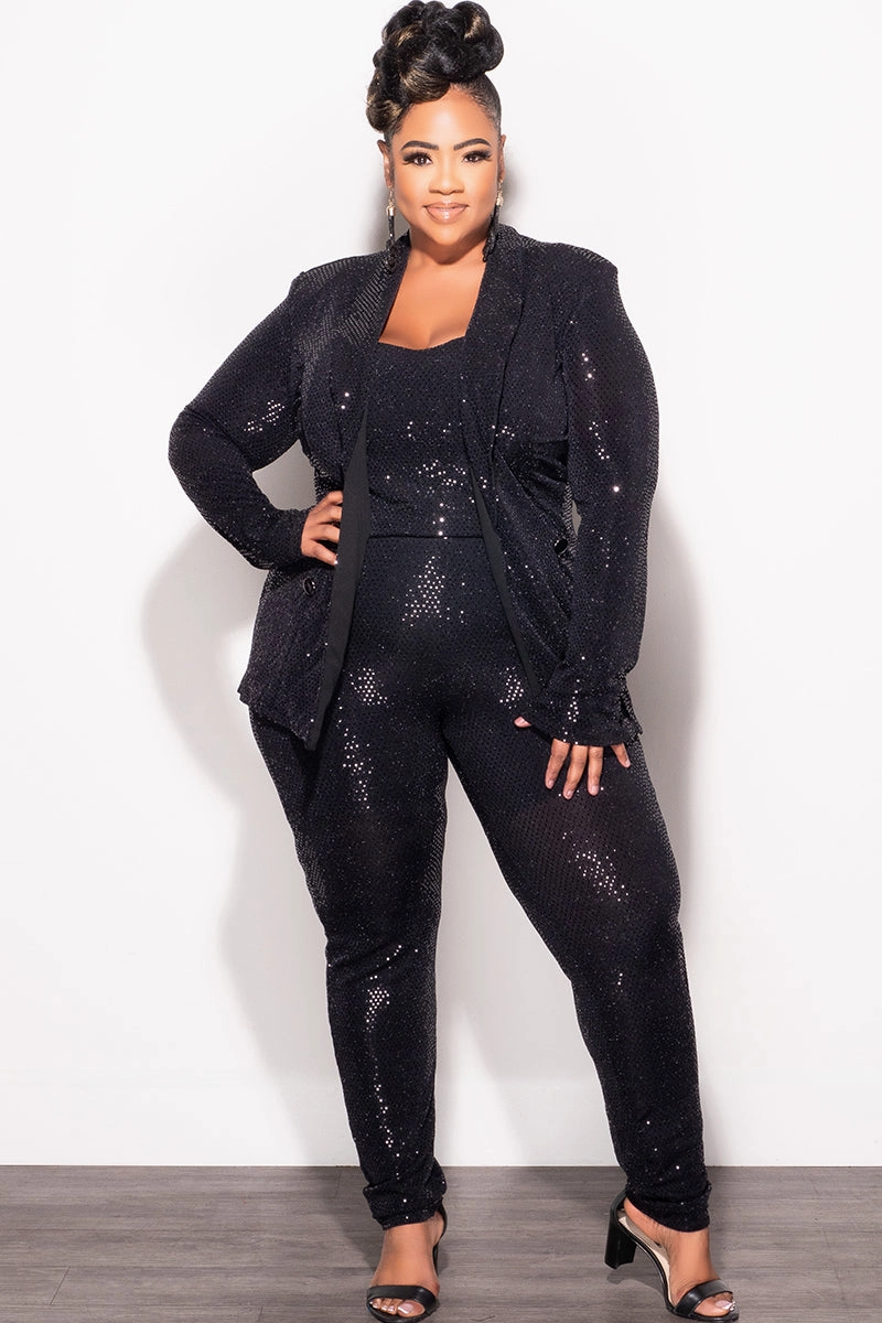 Final Sale Plus Size 3pc Confetti Dot Knit Sequin Pant Set in Black (Tapered Leg) Lightweight insulation