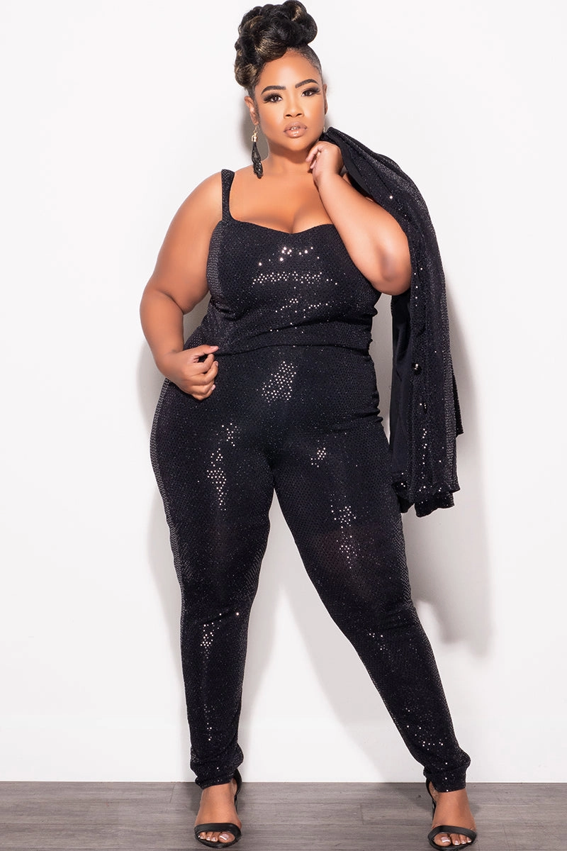Final Sale Plus Size 3pc Confetti Dot Knit Sequin Pant Set in Black (Tapered Leg) Friction Resistant Fabric Outdoor Lifestyle