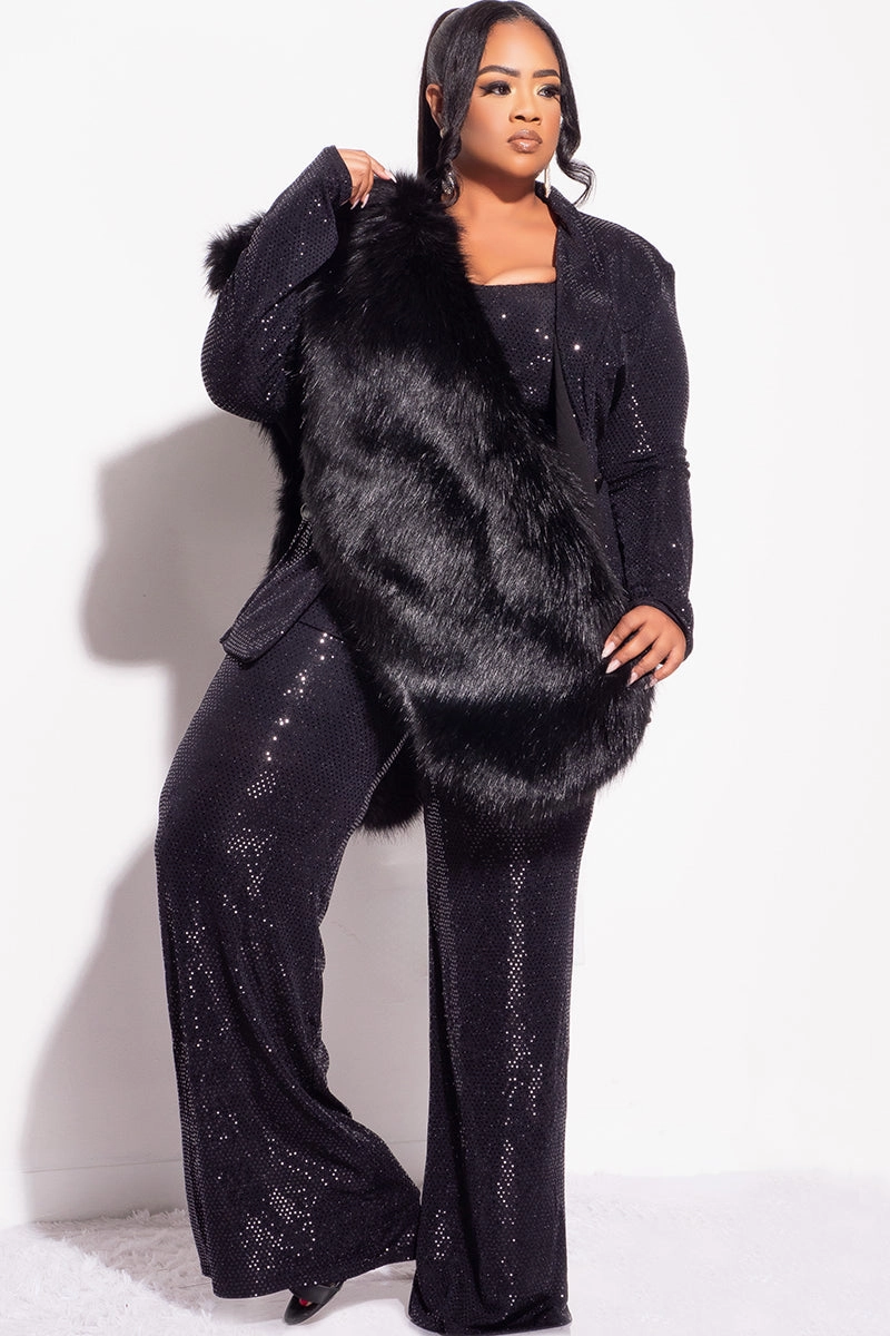 Water resistant coating Trendy Appeal Final Sale Plus Size 3pc Confetti Dot Knit Sequin Pant Set in Black (Wide Legs)