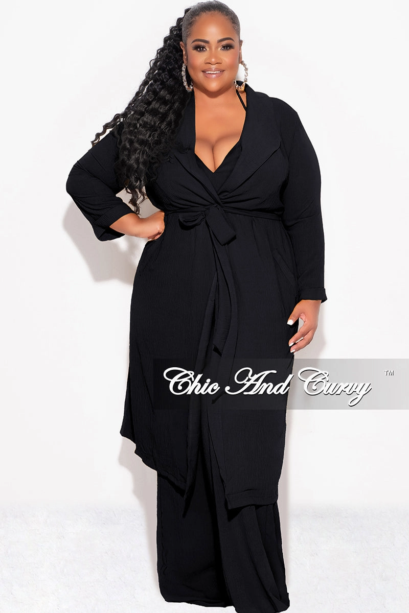 Comfortable Design Urban Ready Final Sale Plus Size 3pc (Duster, Crop Self Tie Top & Pants) Set in Black