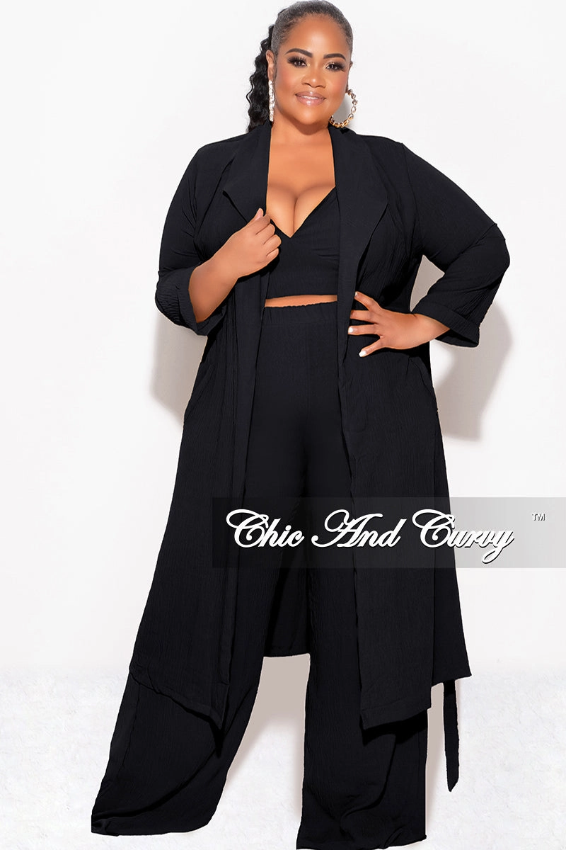 Body Movement Final Sale Plus Size 3pc (Duster, Crop Self Tie Top & Pants) Set in Black