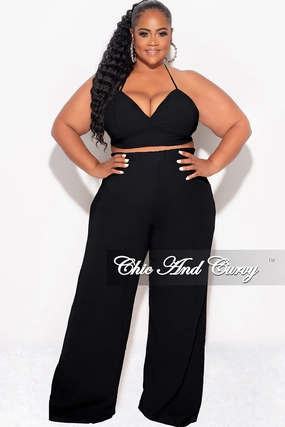 Final Sale Plus Size 3pc (Duster, Crop Self Tie Top & Pants) Set in Black Flattering Shape