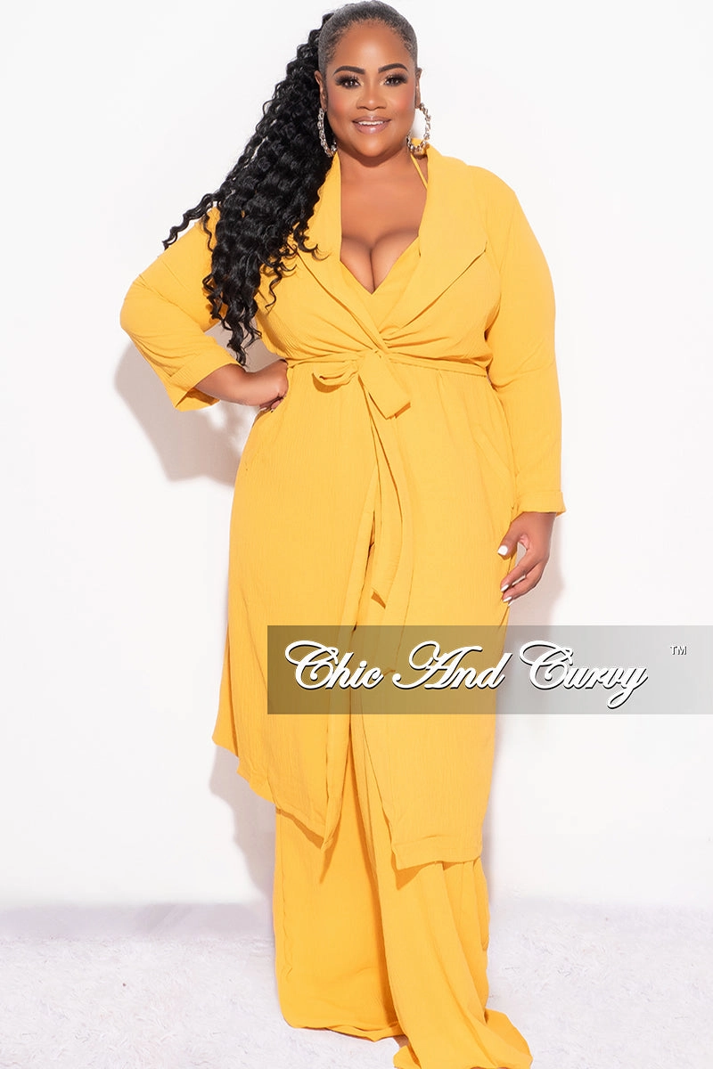 Final Sale Plus Size 3pc (Duster, Crop Self Tie Top & Pants) Set in Mustard Perfect Fit Wear Stay Dry