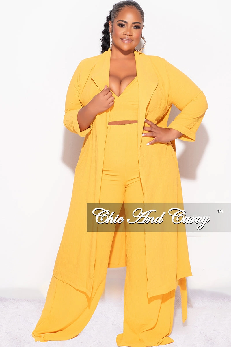 Active Comfort Wear Final Sale Plus Size 3pc (Duster, Crop Self Tie Top & Pants) Set in Mustard