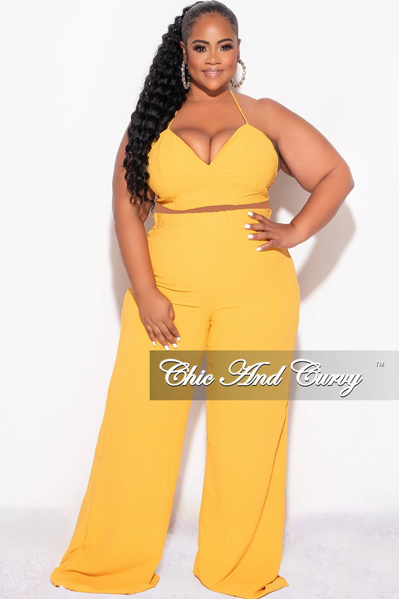 BreathableMaterial Smart Layer Final Sale Plus Size 3pc (Duster, Crop Self Tie Top & Pants) Set in Mustard