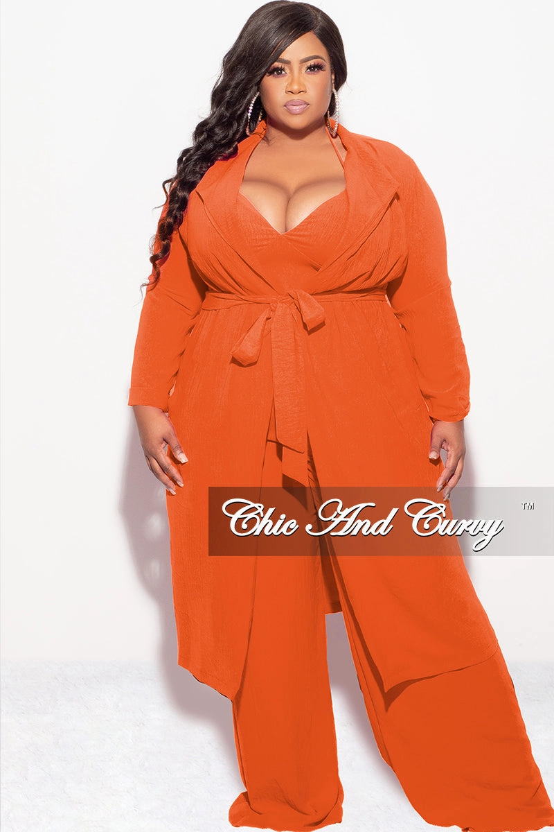 Final Sale Plus Size 3pc (Duster, Crop Self Tie Top & Pants) Set in Orange Linen blend Durable Construction