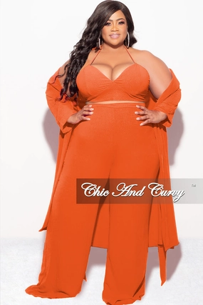 Final Sale Plus Size 3pc (Duster, Crop Self Tie Top & Pants) Set in Orange Perfect Layer ElasticWaist