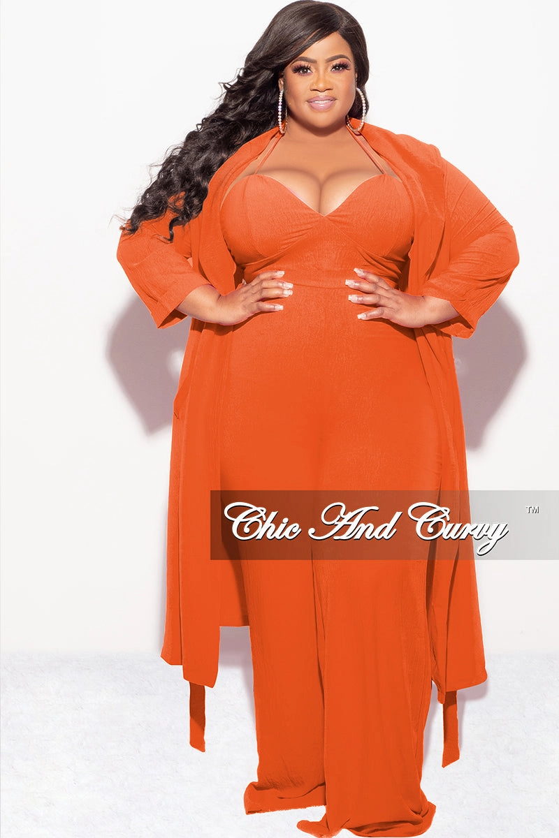 Moisture Lock Technology Final Sale Plus Size 3pc (Duster, Crop Self Tie Top & Pants) Set in Orange