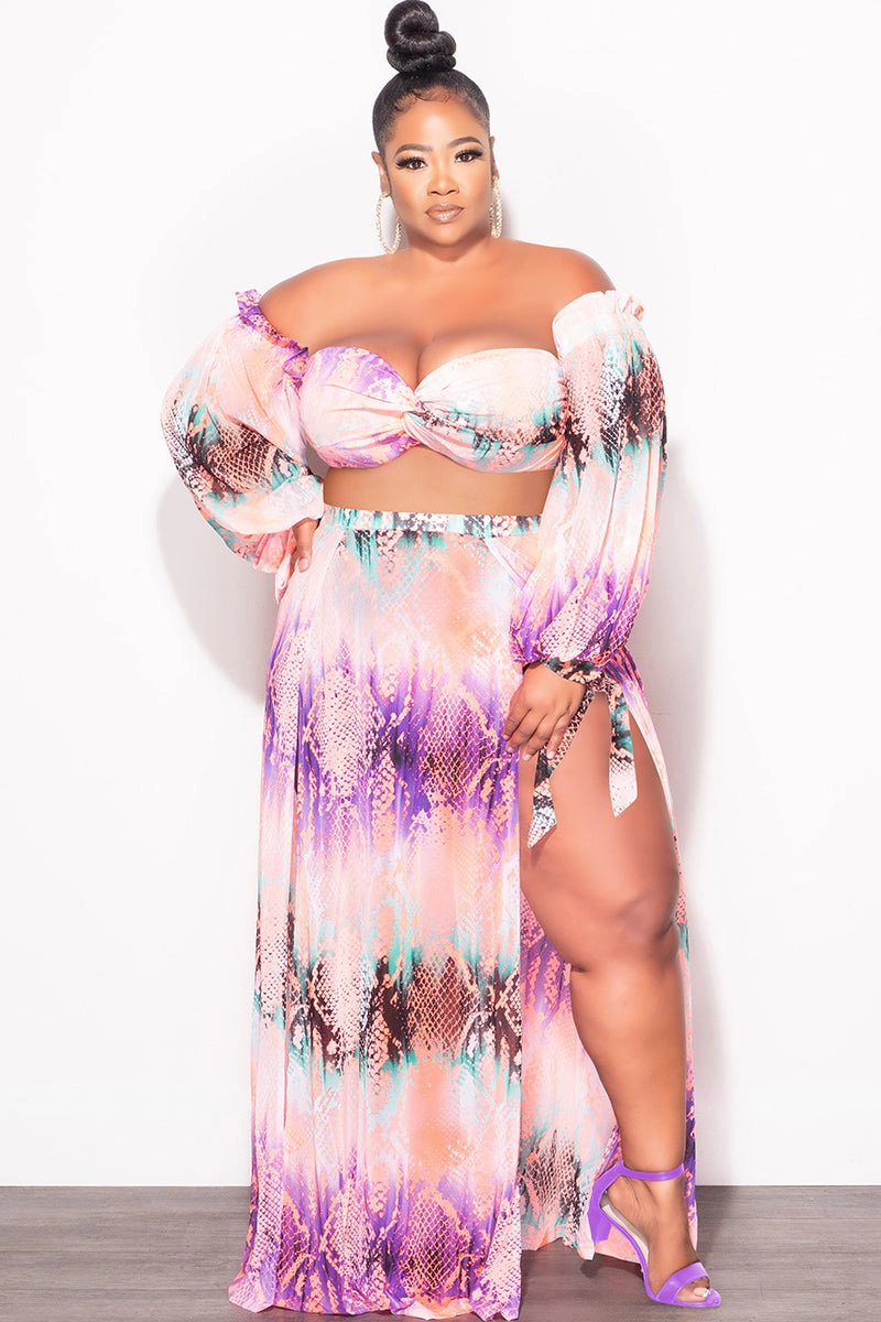 Active Comfort Wear FunctionalZipper Final Sale Plus Size 3pc Playsuit Set in Pink Multi-Color Snake Print