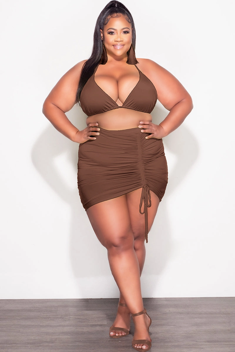 Final Sale Plus Size 3pc Set Bikini Top, Briefs & Ruched Skirt in Brown Summer Basic Stretch