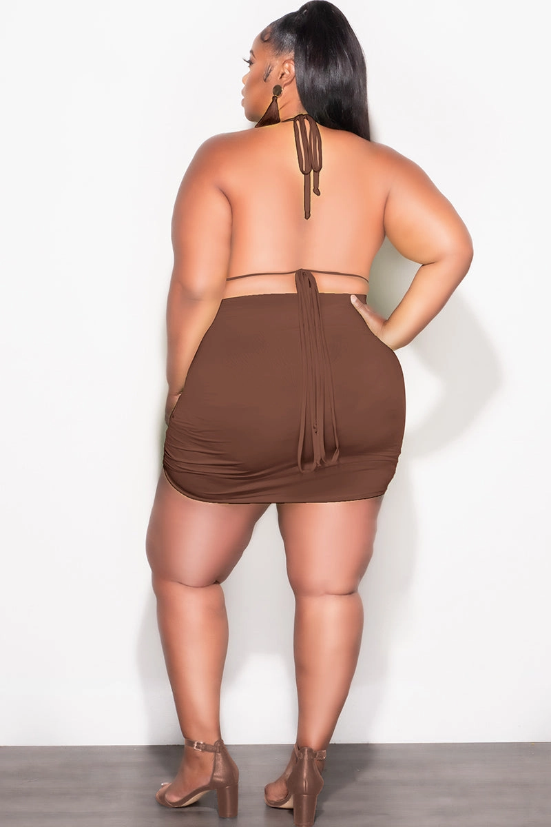 Chilly Weather Comfort Flattering Design Wear Final Sale Plus Size 3pc Set Bikini Top, Briefs & Ruched Skirt in Brown Summer