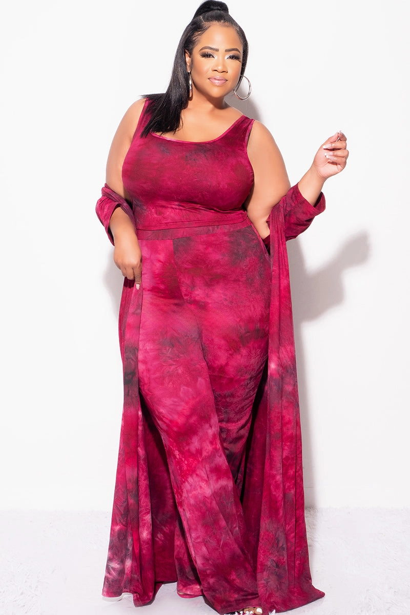Final Sale Plus Size 3pc Set Duster, Tank, & Pants in Burgundy Tie Dye Functional Layer