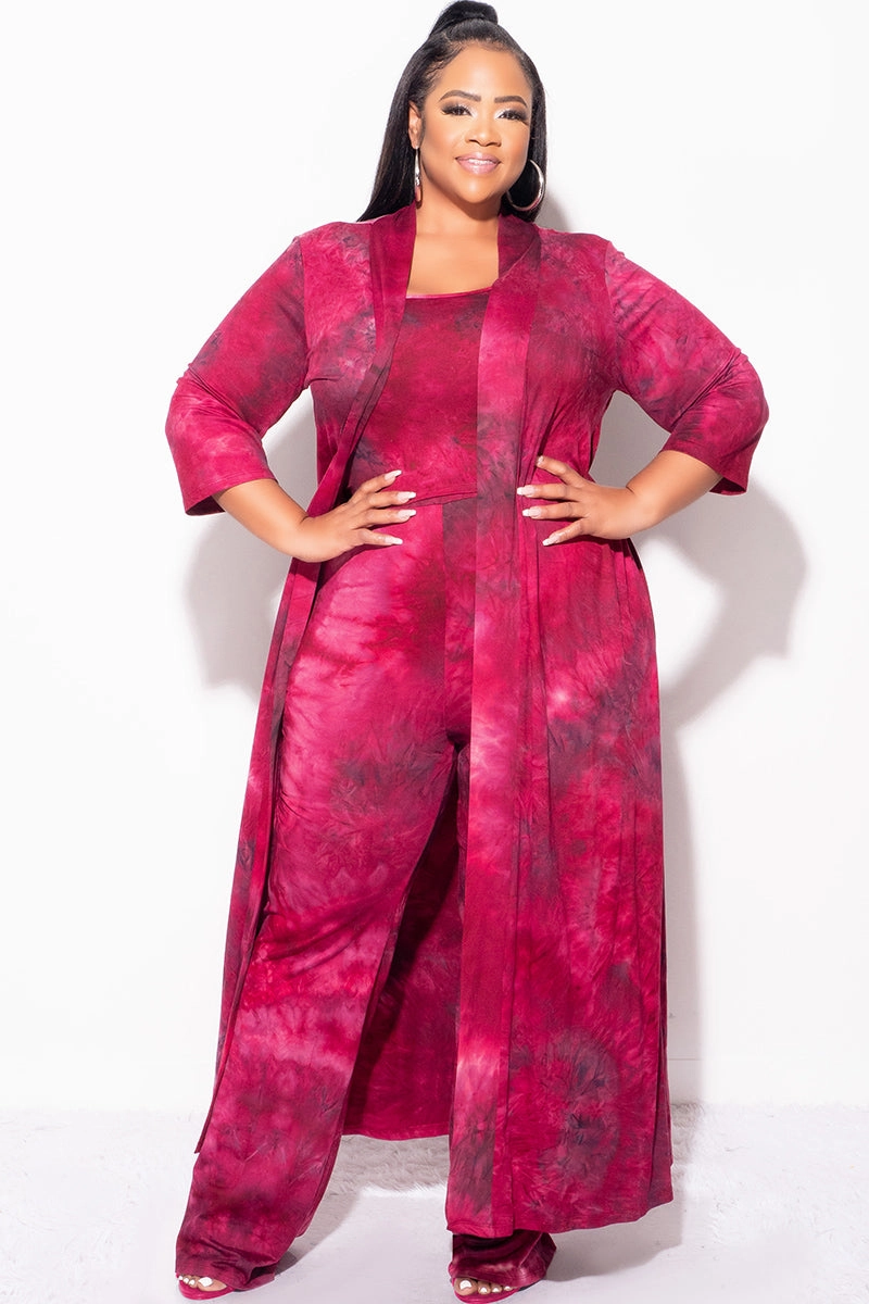Final Sale Plus Size 3pc Set Duster, Tank, & Pants in Burgundy Tie Dye Reflective Trim Options