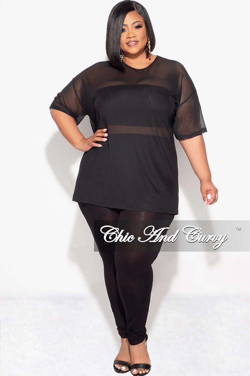 Relaxed Design Trendy Comfort Final Sale Plus Size 3pc Set Mesh Top, Bandeau & Leggings with Briefs in Black