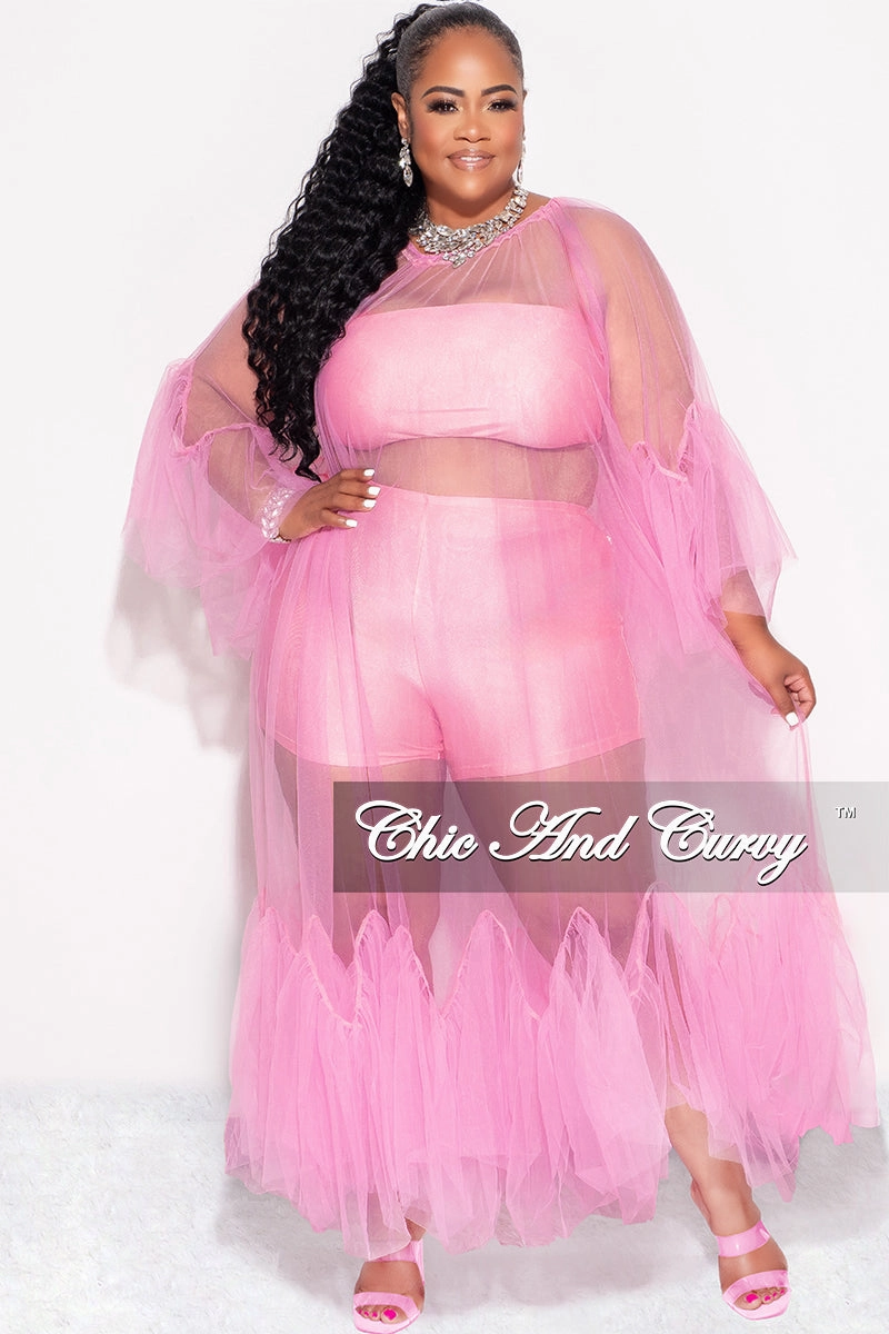 Stretch Panel Final Sale Plus Size 3pc Tube Top, Shorts and Sheer Tulle Dress in Pink