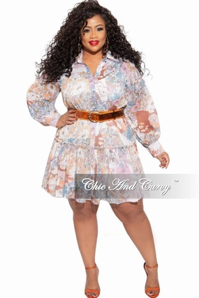 Final Sale Plus Size Babydoll Dress Floral Print with Camel Belt Anti Chafe Lining