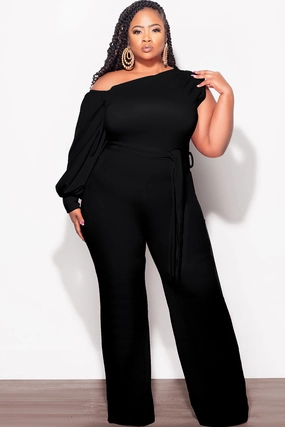 Final Sale Plus Size Balloon Sleeve Jumpsuit with Tie in Black Smart Utility Relax Fit Wear