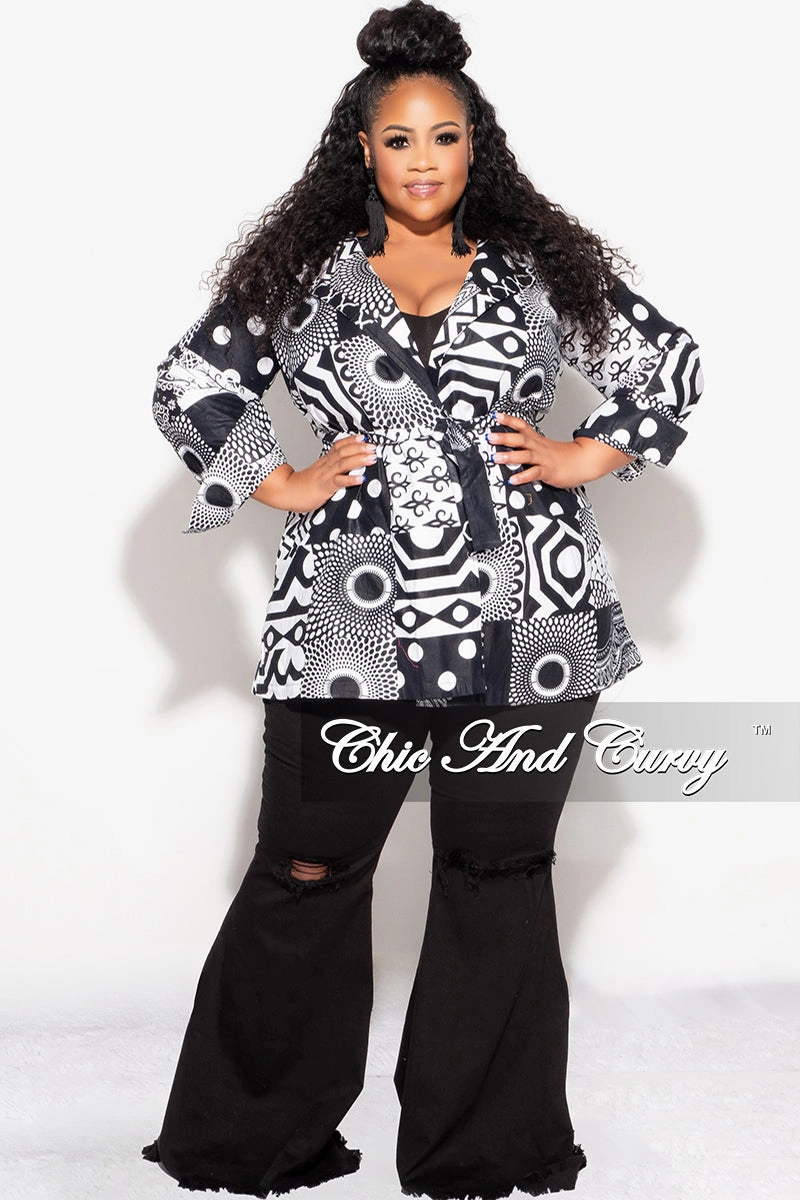 Stay Fresh Final Sale Plus Size Blazer Jacket with Belt in Black and White Design Print