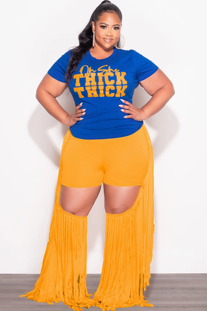 Final Sale Plus Size Blue Fitted T-Shirt Oh She Thick Thick in Mustard (To match the pants) Comfy Texture