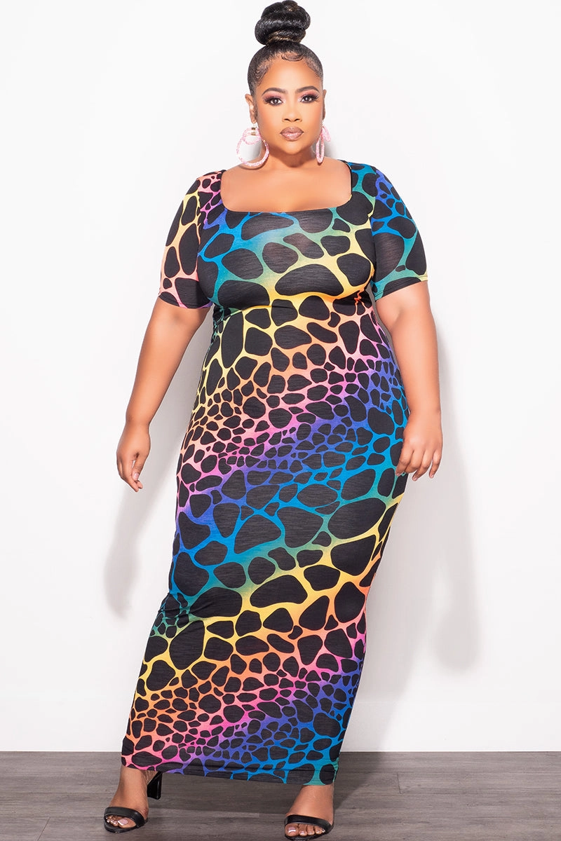 Final Sale Plus Size BodyCon Dress in Black Background & Multi-Color Giraffe Print High Density Weave Tapered leg