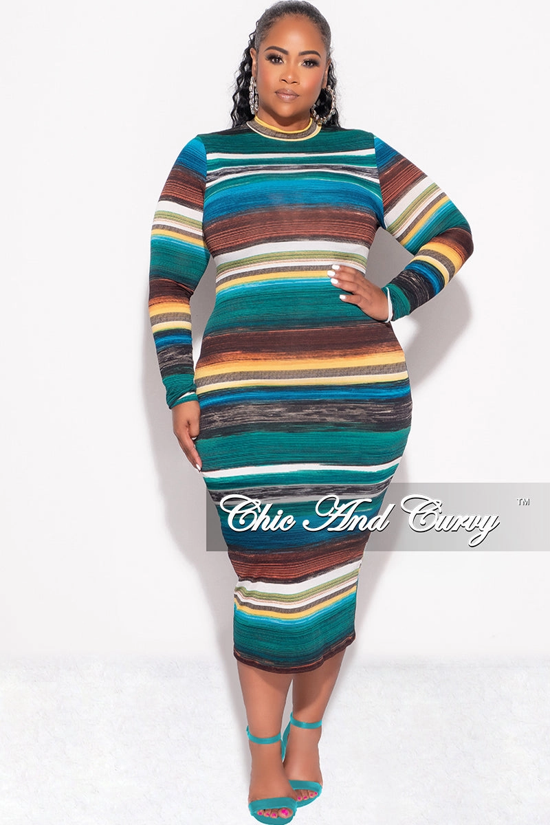 Final Sale Plus Size BodyCon Dress in Green Brown and Mustard Stripe Print No Gap Waist
