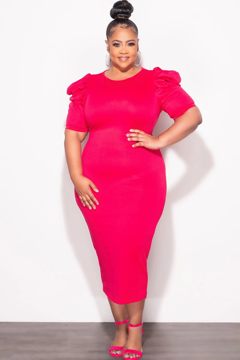 Adaptive Fit Sport Ready Fit Final Sale Plus Size Bodycon Dress with Puffy Sleeves Fuchsia