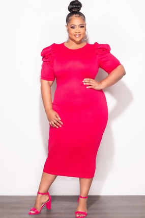 Final Sale Plus Size Bodycon Dress with Puffy Sleeves Fuchsia Flexible Durability