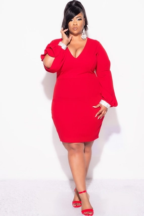 Final Sale Plus Size BodyCon Dress with Slit Sleeves and Rhinestone Cuff in Red Minimalist Styling RelaxedSilhouette