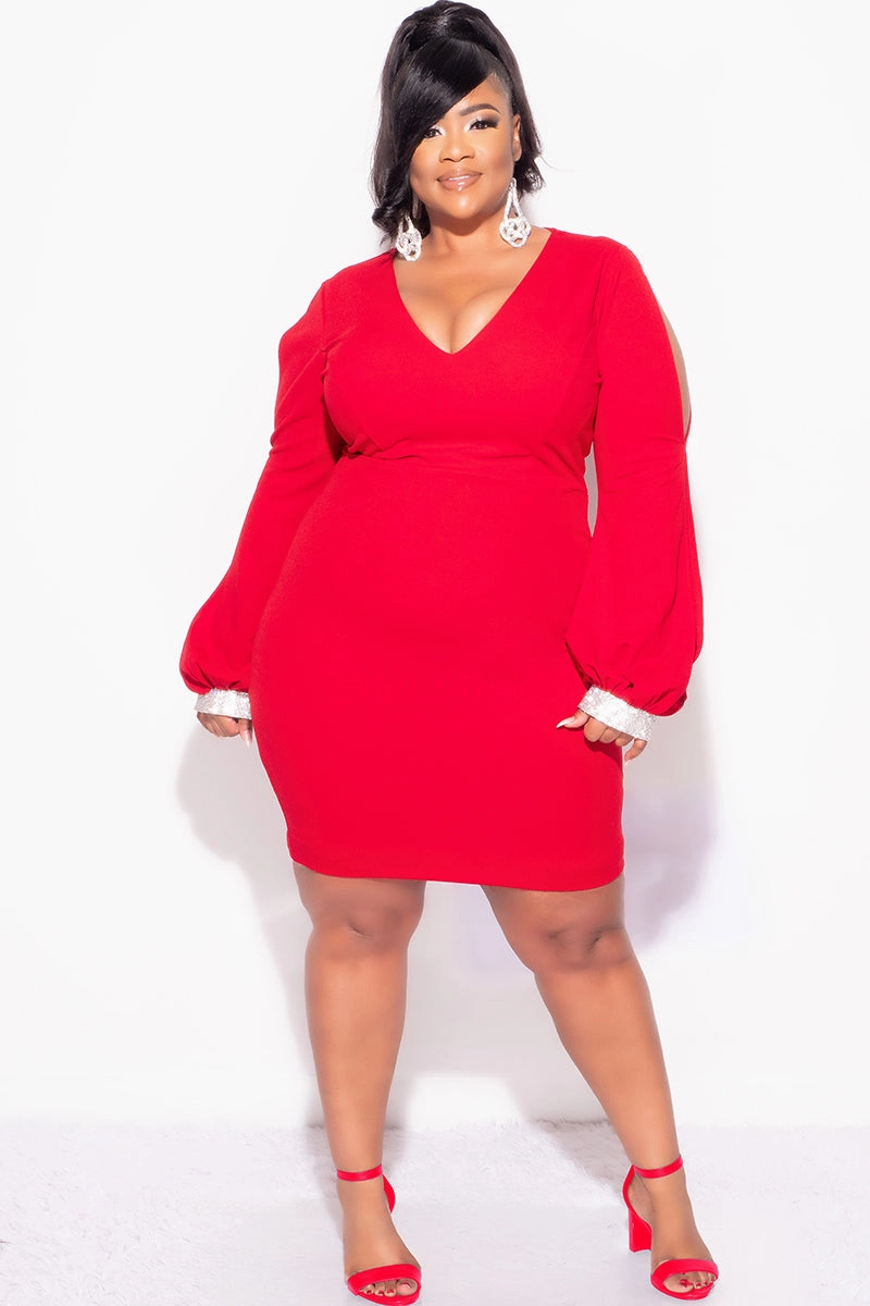 Office Wear Final Sale Plus Size BodyCon Dress with Slit Sleeves and Rhinestone Cuff in Red