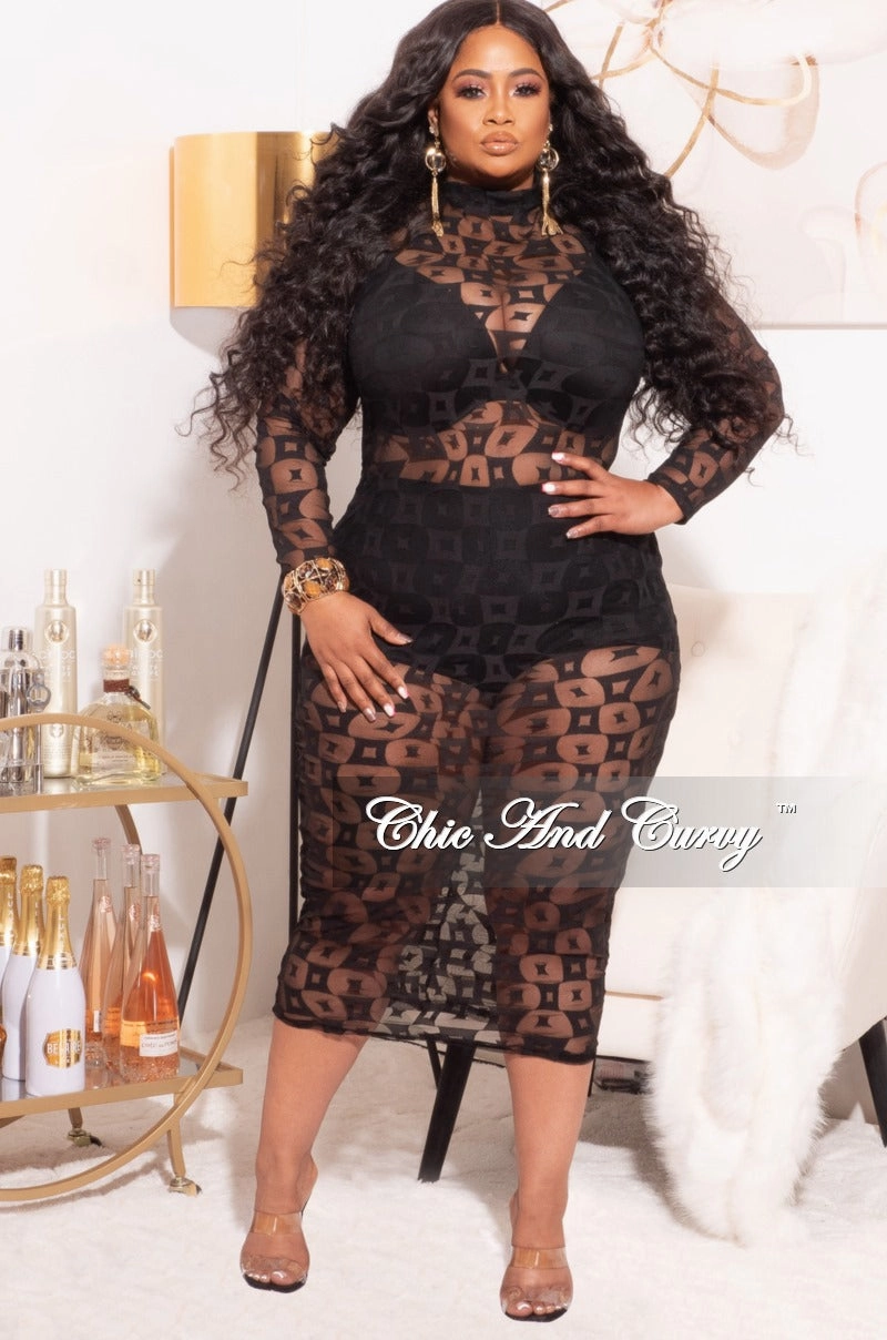 No Fuss Final Sale Plus Size BodyCon In Mesh in Black Geometric Print