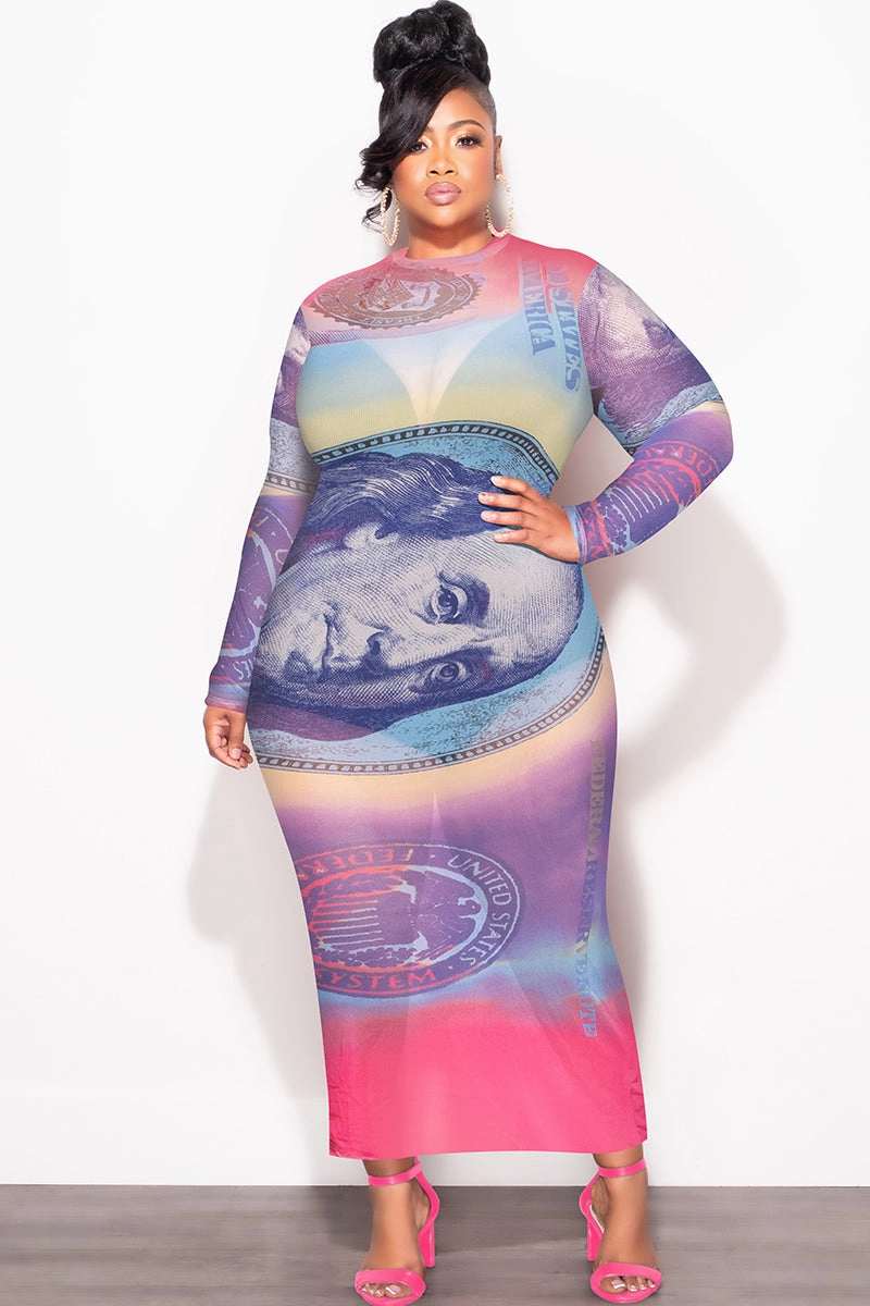 Final Sale Plus Size BodyCon In Mesh with Colorful Money Print OrganicCottonBlend
