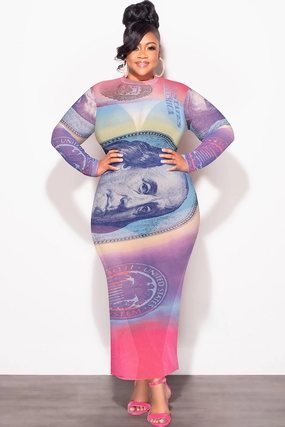 Breath Fit Final Sale Plus Size BodyCon In Mesh with Colorful Money Print